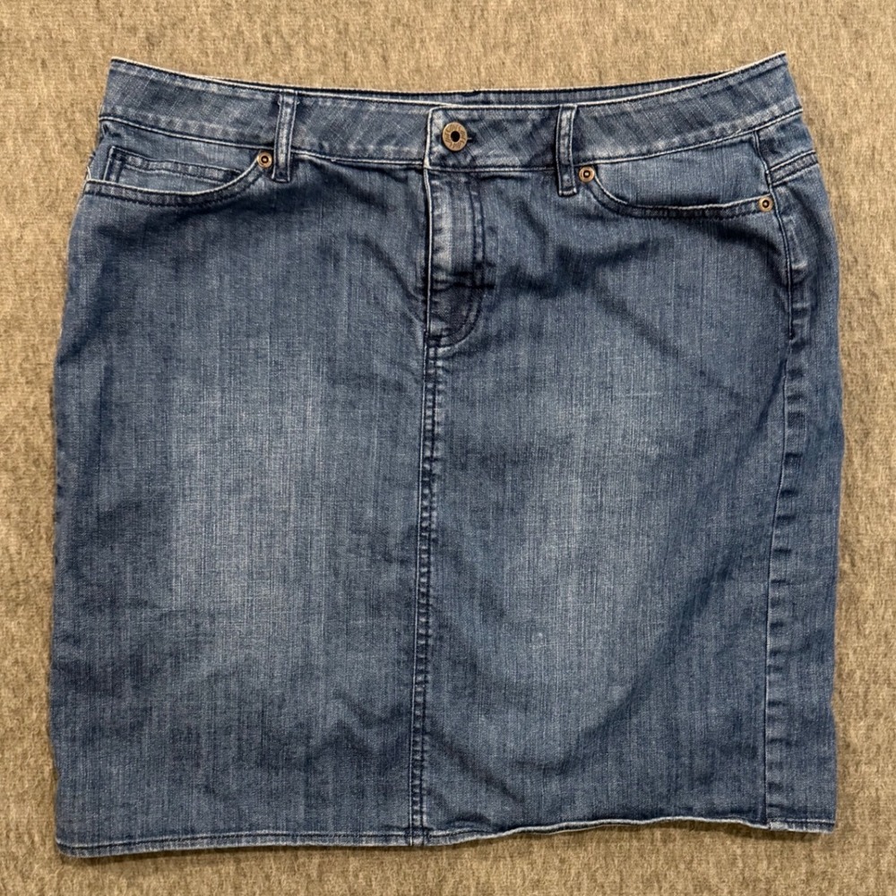J. Jill Denim Mini Skirt Womens 12P Petite Medium Wash Blue Stretch Jean Skirt